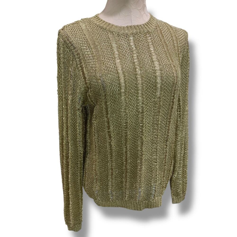 Medium HWRE Anthropologie Womens Loose Knit Metallic Sweater Gold